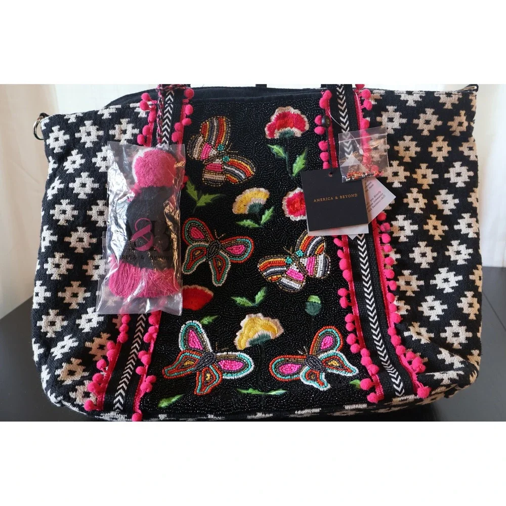 America & Beyond QVC Midnight Butterflies Beaded Tote Set NWT